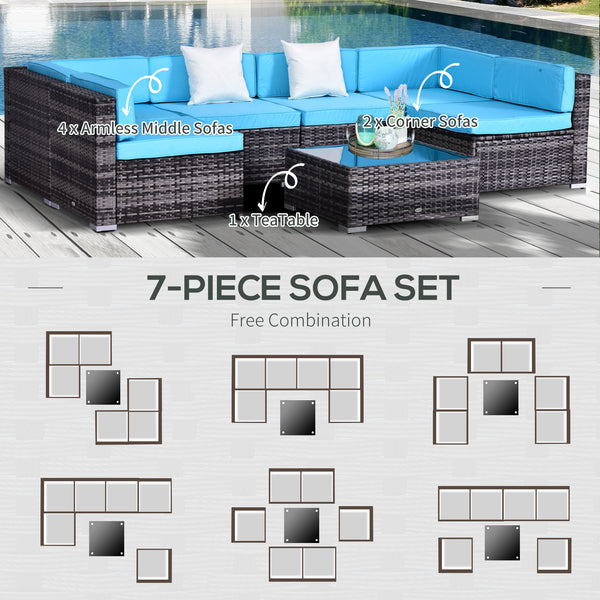 7-piece rattan furniture set with cushions and coffee table, blue