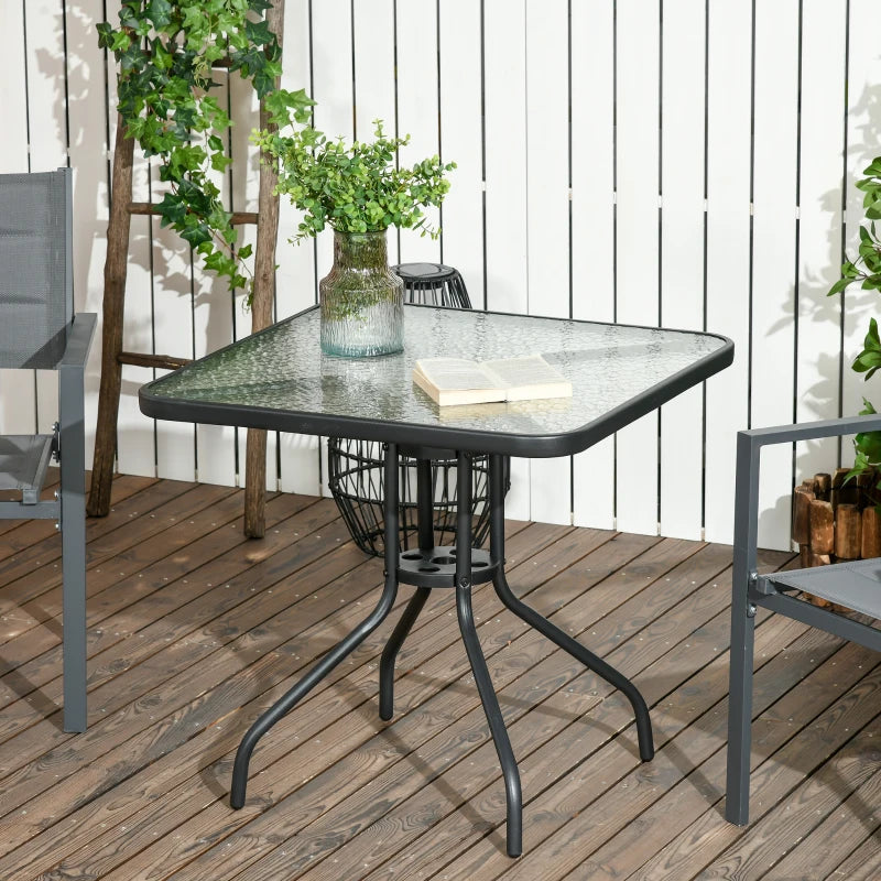 Square dining table with parasol hole and tempered glass top, black