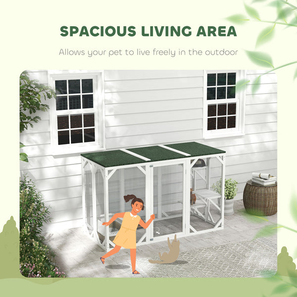 Cat enclosure with waterproof roof, multi-level platforms, lock, white