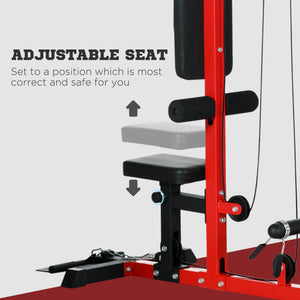 Vertical row machine with adjustable seat and retractable footrest, red