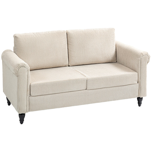 Vintage 2-seater sofa with rolled armrests and rubberwood legs, beige