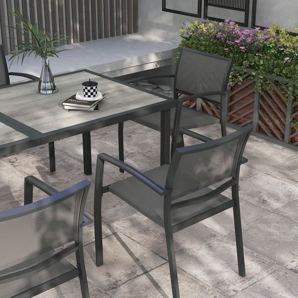 7 Piece Outdoor Dining Set with 6 Stackable Chairs, Patio Table and Chairs with Plastic Top and Breathable Mesh Backrest