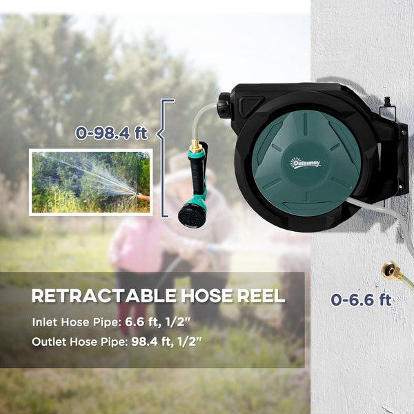 Retractable wall-mounted garden hose reel with automatic rewind