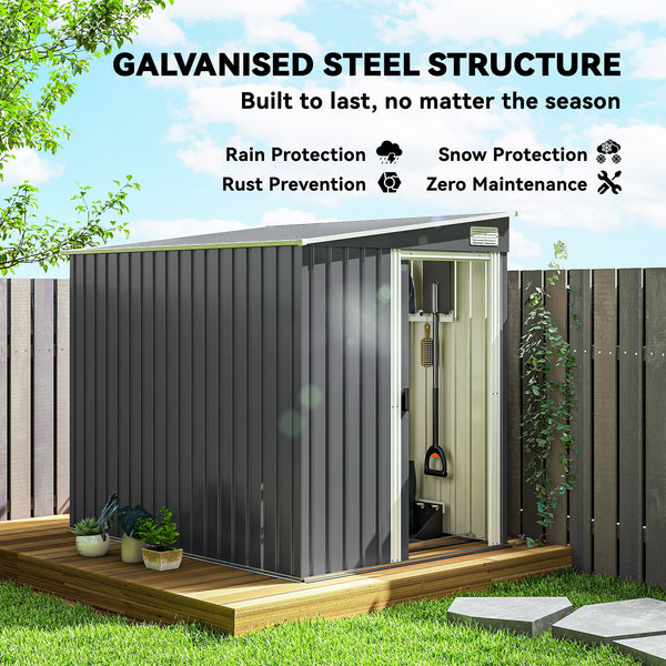 Lean-to garden shed in galvanized metal with foundation, sliding door and 2 vents, dark grey