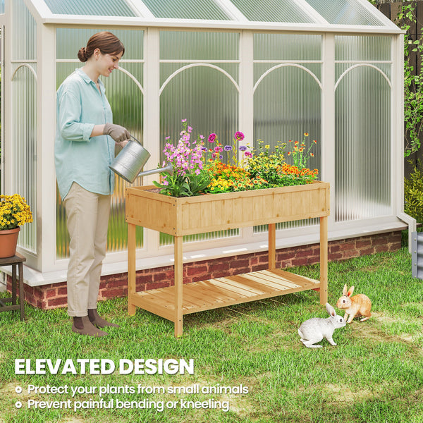 Raised planter with 8 compartments, storage shelf, natural wood color