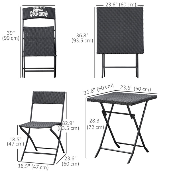 3 Piece Outdoor Rattan Folding Bistro Set, Mixed Brown