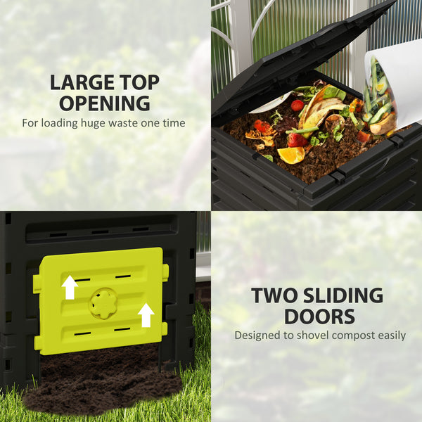 Garden composter with 80 ventilation holes and 2 sliding doors, 450 L, yellow