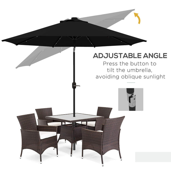 9ft Outdoor Solar Patio Umbrella, 24 LEDs, Tilting Roof, Black