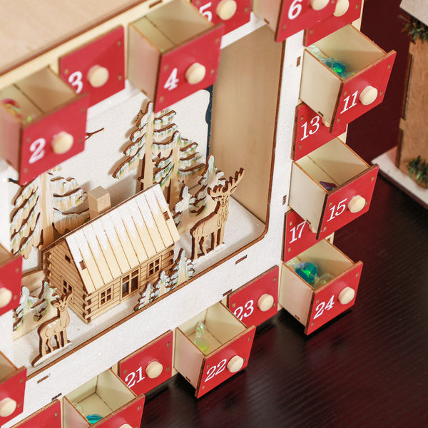 24-day wooden Christmas Advent calendar decoration with lights