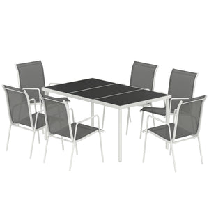 7-piece garden dining set, including a rectangular table and 6 stackable chairs.