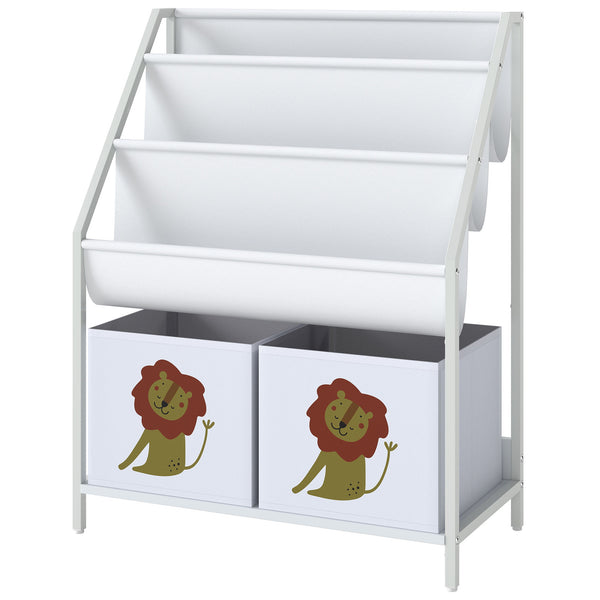 3-Tier Kids Bookshelf with 2 Bins, White