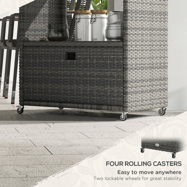 PE resin wicker garden service trolley with 2-tier shelf, heather grey