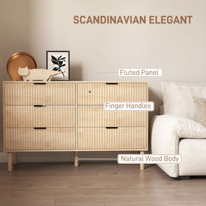 6-drawer chest, fluted panels and solid wood legs, oak color