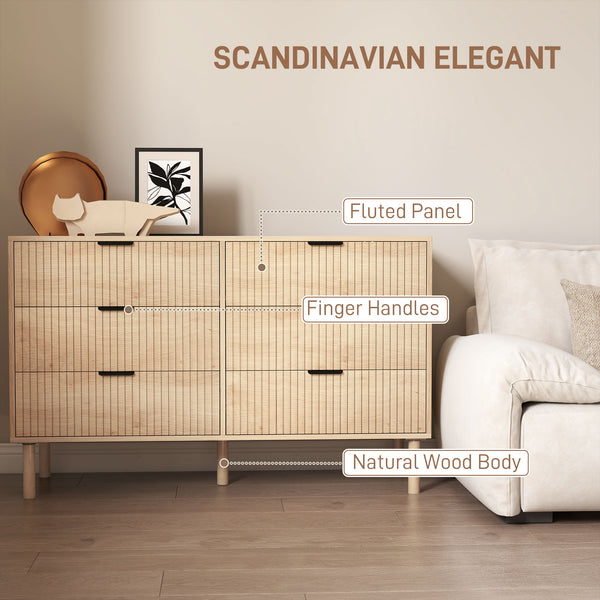 6-drawer chest, fluted panels and solid wood legs, oak color