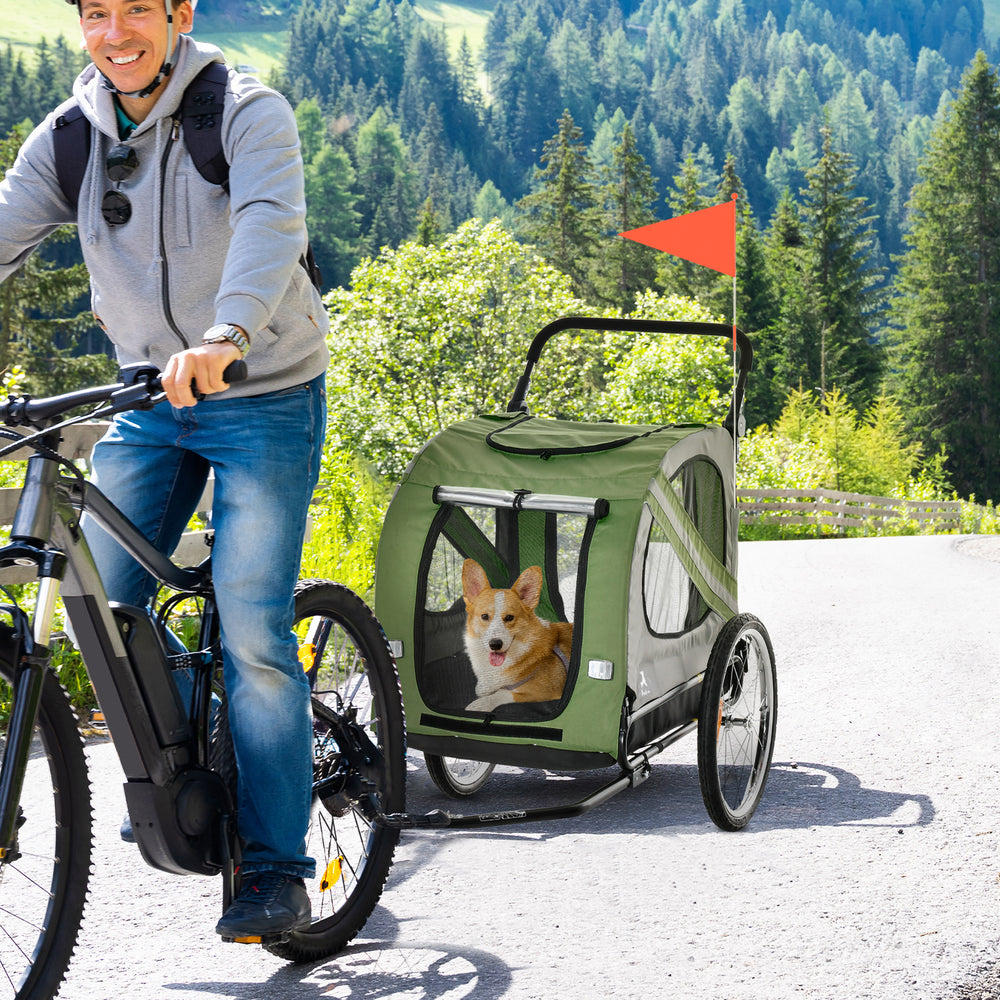 2-in-1 Dog Bike Trailer with Universal Wheel Reflectors, for Small and Medium Dogs, Green