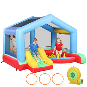 Château gonflable pour enfants, structure gonflable avec toboggan, piscine à balles, jeu de lancer d'anneaux, parasol et souffleur
