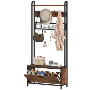 5-in-1 Coat Rack with Bench, Rustic Brown