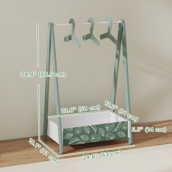 Clothes rack with storage shelf and hangers, green