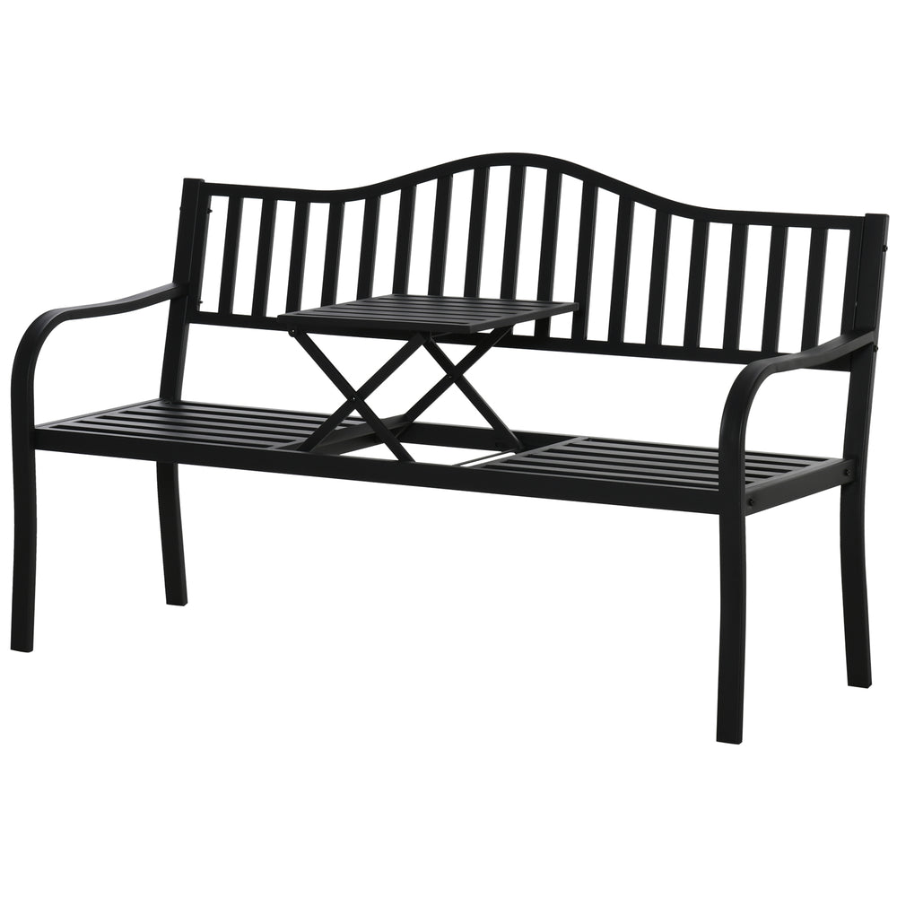 Metal outdoor bench with central lifting table for 2 to 3 people, black
