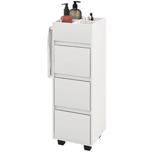 Narrow storage cabinet with 3 drawers, 4 compartments and towel rack – White
