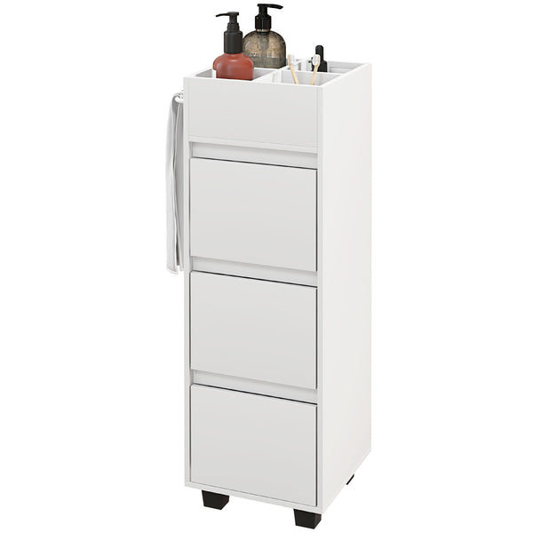 Narrow storage cabinet with 3 drawers, 4 compartments and towel rack – White