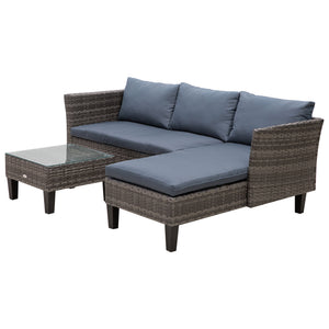 3-piece furniture set in woven resin, table with glass top, grey