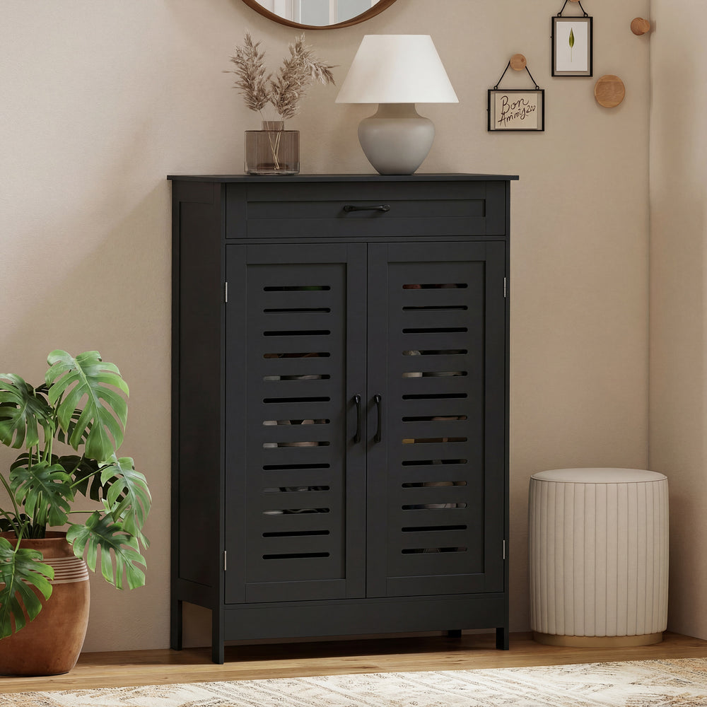 Shoe cabinet with louvered doors with drawer and adjustable shelves, black