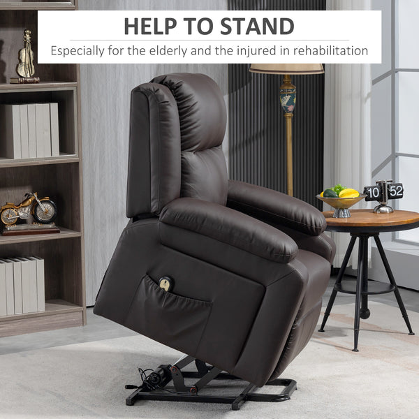 Electric lift chair in synthetic leather with remote control and side pockets, brown