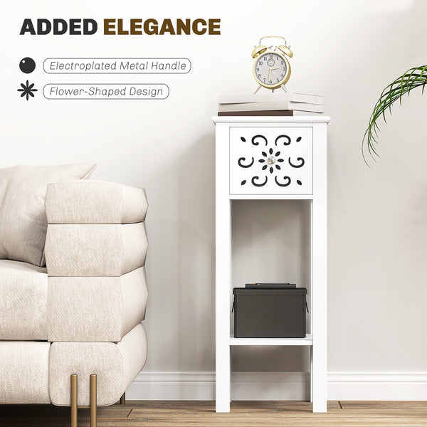 Set of 2 side tables with drawer and open storage shelf, white