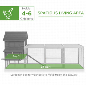 Wooden chicken coop with nesting boxes, run, doors, tray, and ramp for 4 to 6 chickens