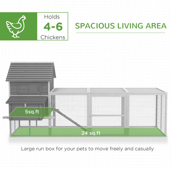 Wooden chicken coop with nesting boxes, run, doors, tray, and ramp for 4 to 6 chickens