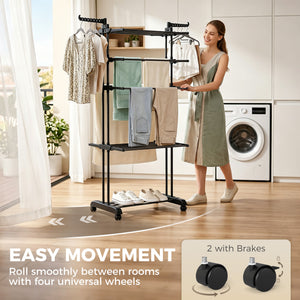 5-tier foldable clothes drying rack on wheels, black