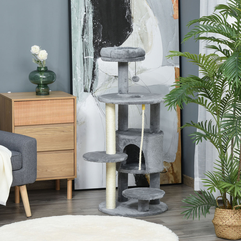 41" Cat Tree with Dormitory, Scratching Posts and Hanging Toys, Dark Gray