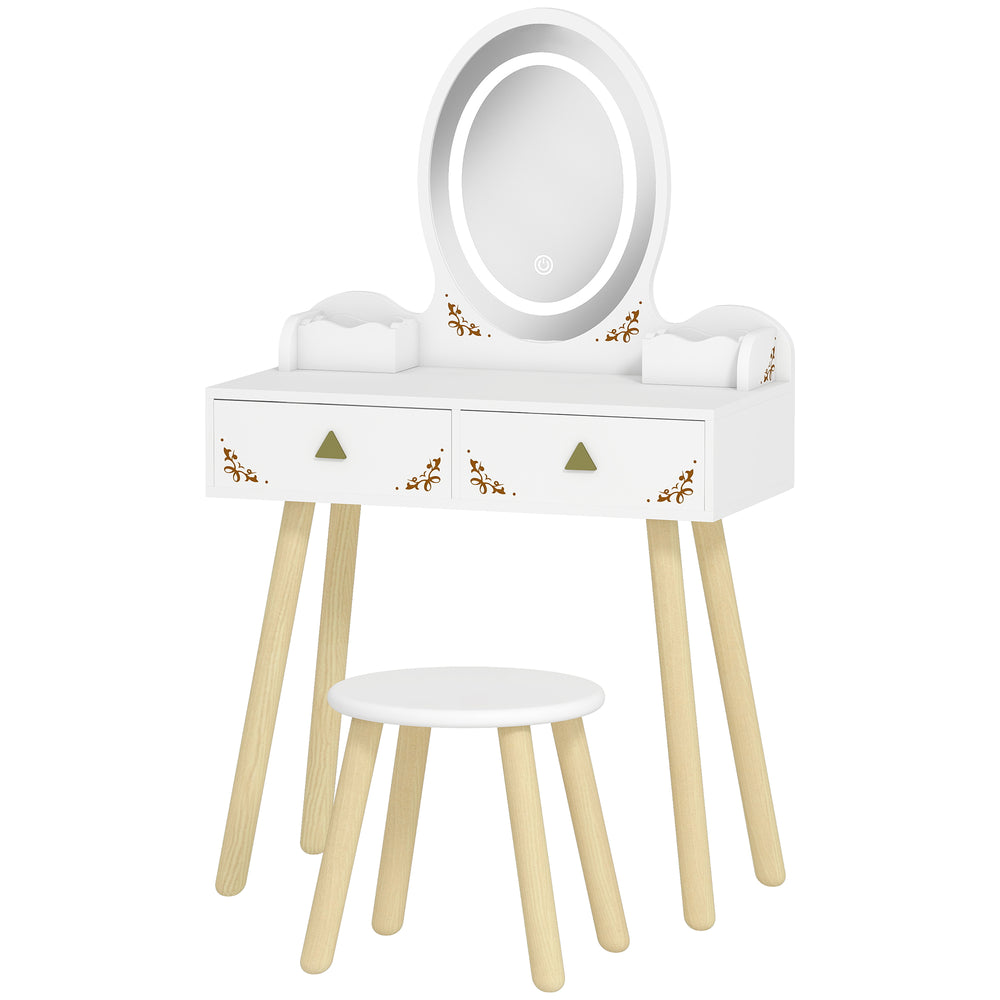 Children's dressing table with mirror, stool and 3-color LED lights, white