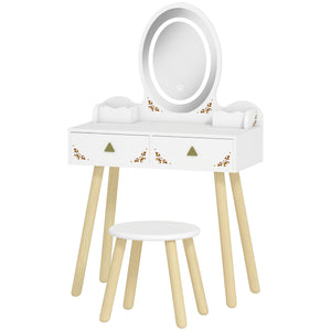 Children's dressing table with mirror, stool and 3-color LED lights, white