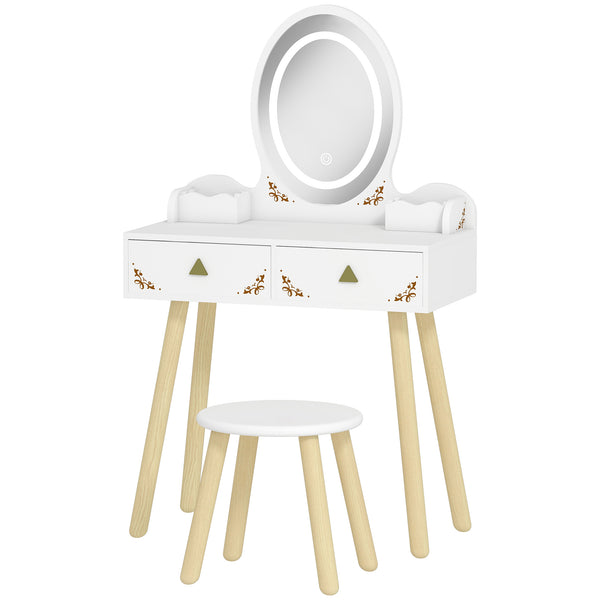 Children's dressing table with mirror, stool and 3-color LED lights, white