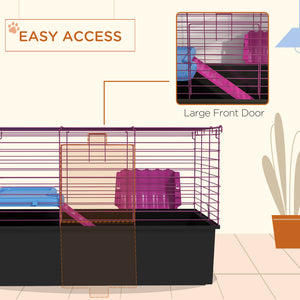 Small animal cage with water bottle, food bowl, platform, and ramp, black