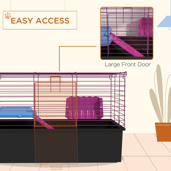 Small animal cage with water bottle, food bowl, platform, and ramp, black