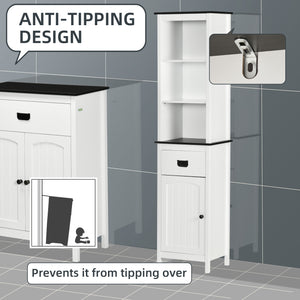 Tall freestanding storage cabinet with drawer and adjustable shelf for living room, white