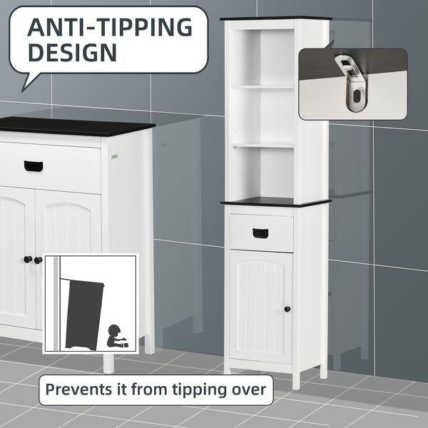 Tall freestanding storage cabinet with drawer and adjustable shelf for living room, white