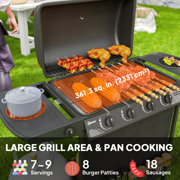 4-burner propane gas barbecue with side burner, thermometer, black