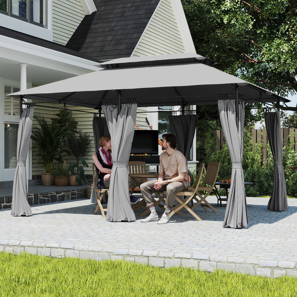 10' x 13' Double Roof Patio Gazebo, Outdoor Gazebo with Curtains, for Garden, Lawn, Backyard and Deck, Dark Grey