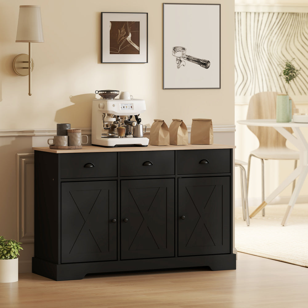 Farmhouse style sideboard, with 3 sliding doors and 3 drawers, for living room or kitchen, black.