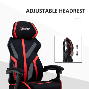 Ergonomic gaming chair with footrest, black and red.