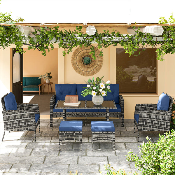 6 Piece Garden Furniture Set with Garden Chairs, Ottomans, Sofa, Glass Table and Cushions, Navy Blue