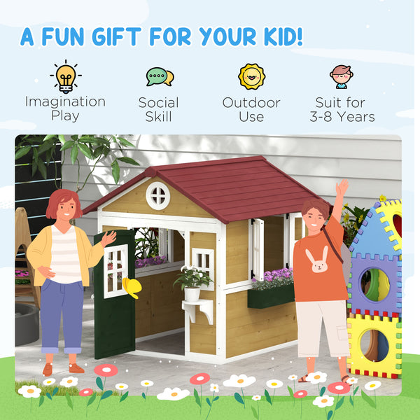 Outdoor wooden playhouse with door, windows, flower pots and boxes