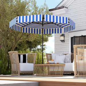 8.7-foot tilting parasol with crank and vent, blue and white 