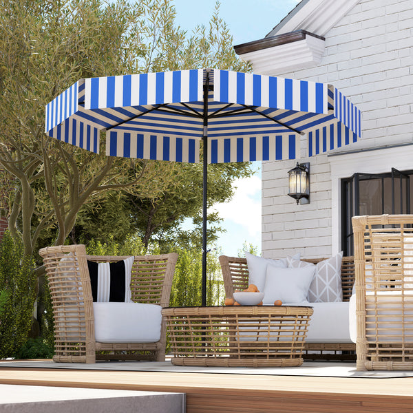 8.7-foot tilting parasol with crank and vent, blue and white 