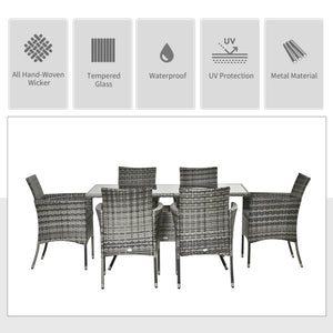7 Piece Rattan Dining Set with Cushions, Grey