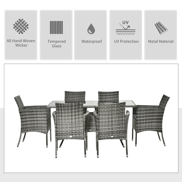7 Piece Rattan Dining Set with Cushions, Grey